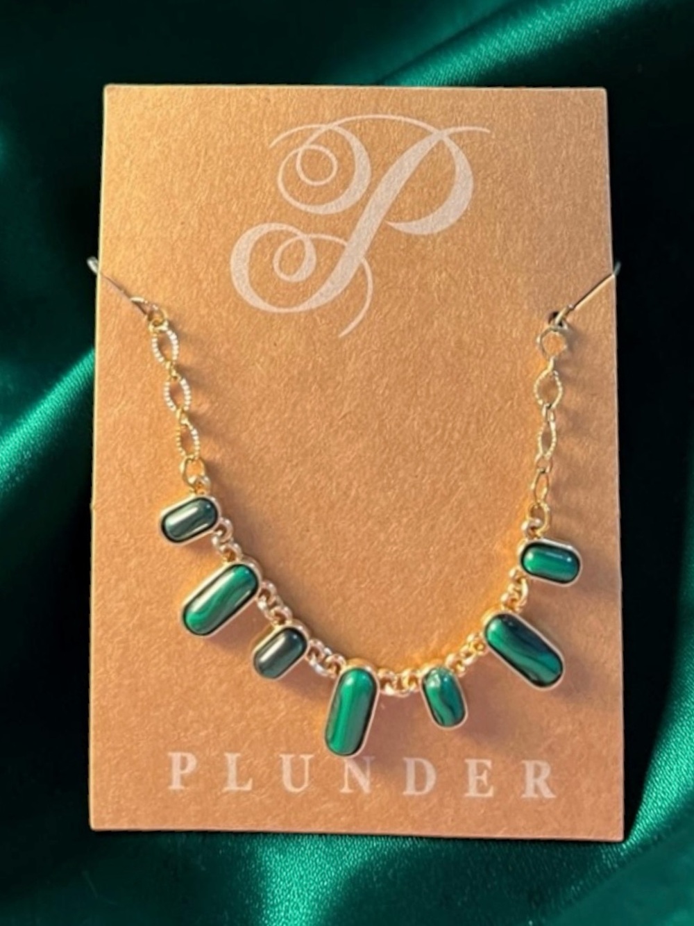 Plunder Gold Necklace with Deep Green Cabochon Charms